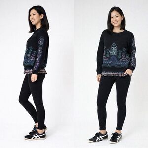 SACAI Black Cotton Silk Ruffled Embroidered Crewneck Sweatshirt Sz S